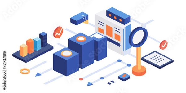 Fototapeta Isometric illustration design concept. Analyze data and search SEO optimization