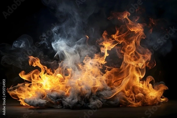 Fototapeta Abstract flames of fire with burning smoke float up on black background for display products