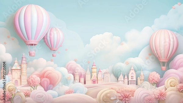 Obraz Background in pastel colors for children with clouds, balls, and flying air balloons.