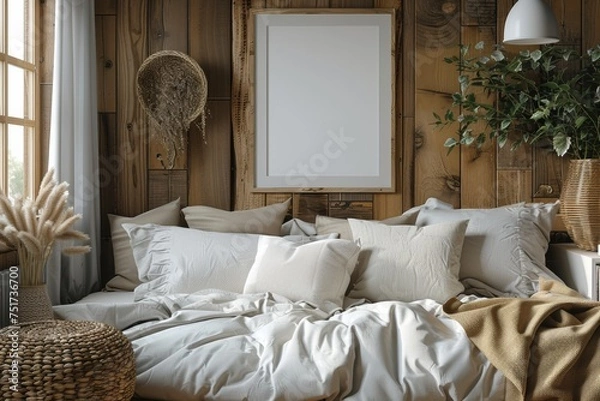 Fototapeta Mock up poster frame in Scandinavian style interior with wooden furnitures