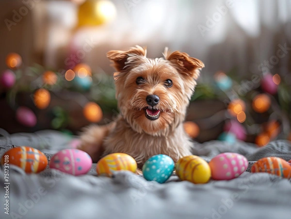 Fototapeta terrier with easter eggs