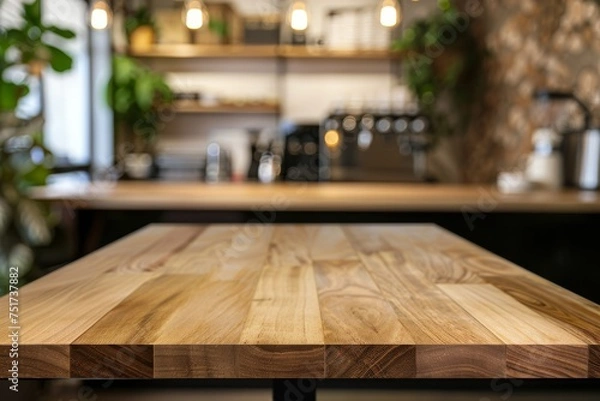 Fototapeta Empty wooden table top in coffee shop with blurred interior background mockup for product display