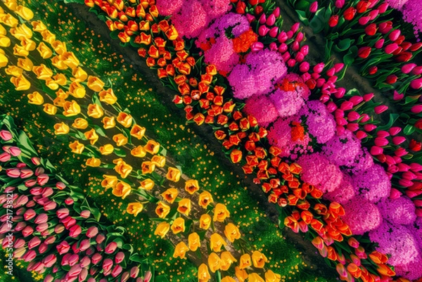 Fototapeta An aerial view of a field of tulips. The drone captures the vibrant colors of the flowers, creating a stunning rainbow effect.