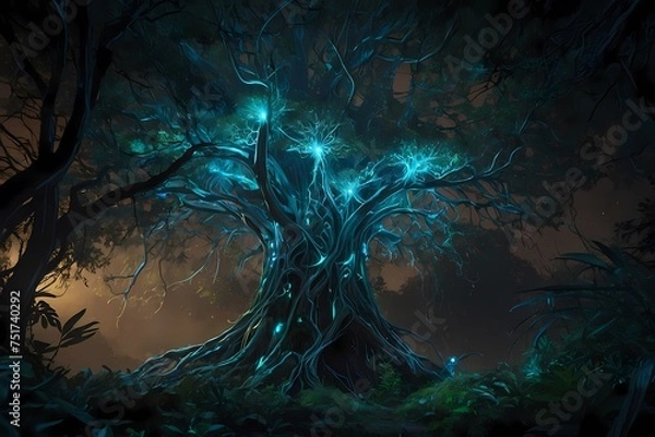 Fototapeta "Dazzling Tree Dance: A Memorable Night of Digital Nature" Generative AI