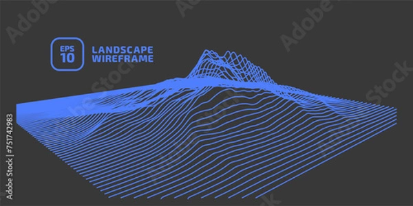 Fototapeta Abstract wireframe background. 3D mesh technology landscape illustration. Object consists of parallel lines. Digital landscape cyberspace in mountains with valleys. Data array. | EPS10 vector.