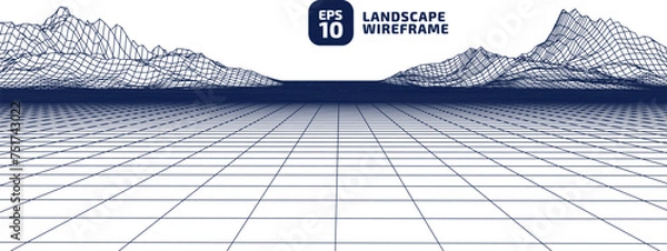 Fototapeta Abstract CG wireframe background. Earth 3d area. 3D grid technology illustration landscape. Digital Terrain Cyberspace in the Mountains with valleys. Blue strock on white colors. Data Array. Vector.