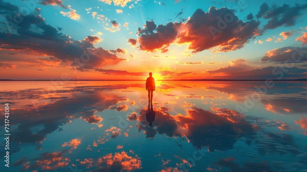 Fototapeta Silhouette walking on the calm water of the lake Elton, the biggest salt lake in Europe, with amazing mirror reflections of sky and clouds, Russia, Volgograd oblast.