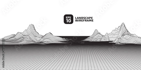Fototapeta Abstract wireframe background. 3D grid technology illustration landscape. black thin lines on a white background, texture mesh. Digital Cyberspace in the  Mountains with valleys. EPS10 Vector.