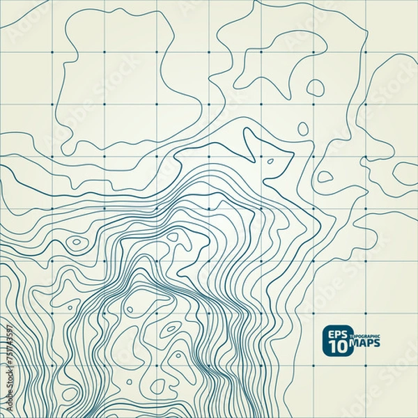 Fototapeta Stylized height of the topographic contour in lines and contours. Сoncept of a conditional geography scheme and the terrain path. Blue stroke on yellow background. 1x1 size. Vector illustration.