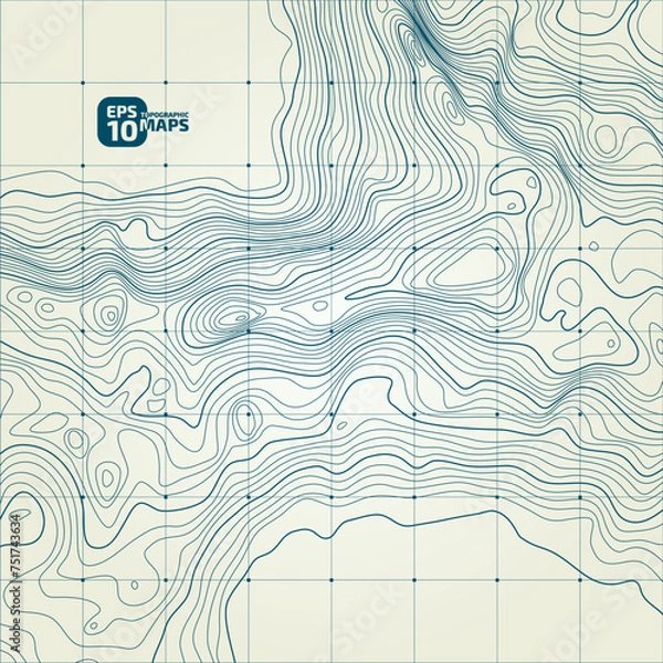 Fototapeta Stylized height of the topographic contour in lines and contours. Сoncept of a conditional geography scheme and the terrain path. Blue stroke on yellow background. 1x1 size. Vector illustration.