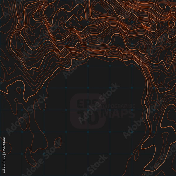 Fototapeta The stylized height of the topographic contour in lines and contours. Conditional geography scheme and the terrain path. 1x1 ratio size side. Orange lines on brown background. Vector illustration.