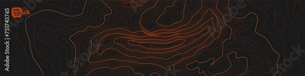 Fototapeta The stylized height of the topographic contour in lines and contours. Conditional geography scheme and the terrain path. 1x1 ratio size side. Orange lines on brown background. Vector illustration.