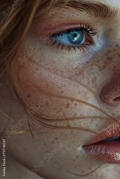 Obraz An intense gaze from a blue eye, set against freckled skin and moody lighting, evokes a sense of depth and focus. close-up of perfect make up with blue eyes and pink eyeshadow detail in skin, 