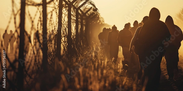 Fototapeta Silhouette of crowd of refugees or illegal immigrants stands by barbed wire border with copy space, concept of crossing the border, asylum, immigration, borderline demarcation.