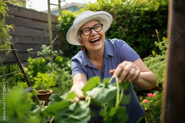 Obraz Smiling senior woman working in garden. an elderly woman grows vegetables in the garden