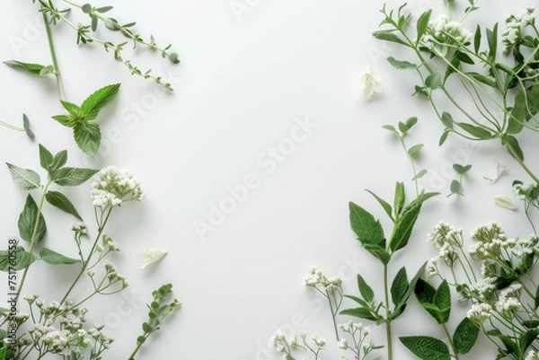 Fototapeta Fresh Springtime Herbs and Flowers on White Background