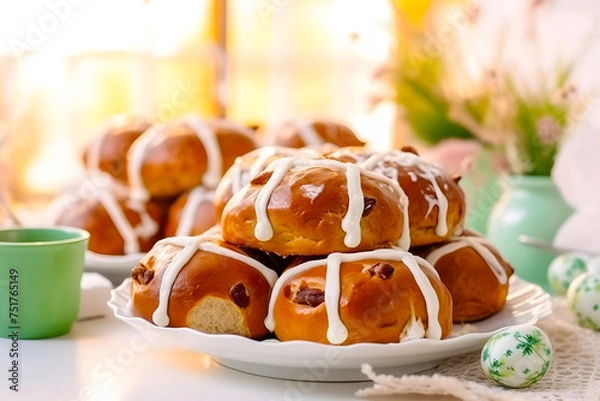 Obraz Homemade baked Easter traditional appetizing hot cross buns. Easter holiday baking beautifully decorated table for Easter, serving in white and green, white ceramic plate, blossom willow branches