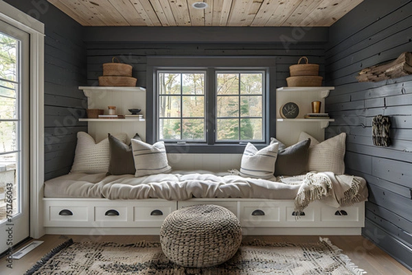 Fototapeta A cozy playroom with plush seating. Black and white interior design.