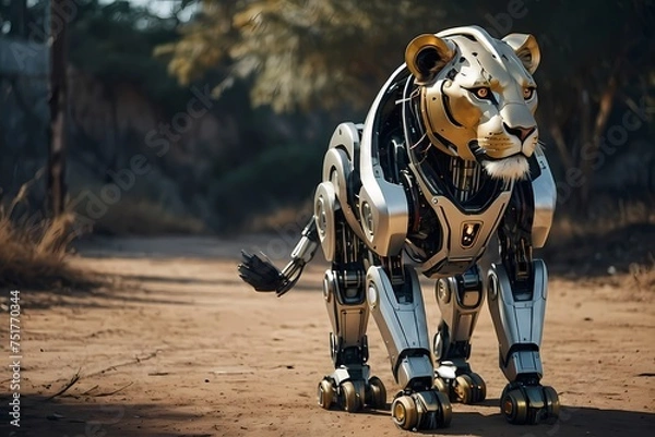Fototapeta AI-enhanced lion robot character, symbolizing the fusion of technology and nature.