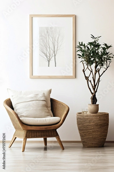 Obraz Feel the boho vibes contemporary living room, wicker chair, floor vases, and a blank mockup poster frame against a crisp white wall.