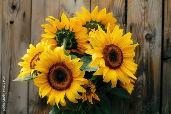 Fototapeta Wooden Backdrop Highlighting Sunflower Display, AI Generative
