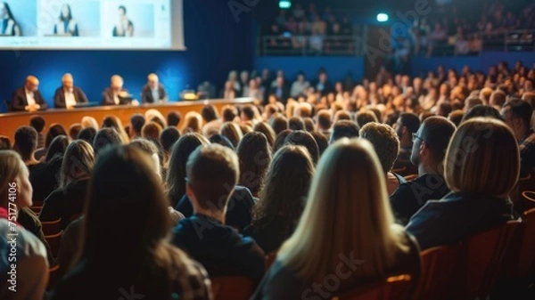 Fototapeta Focused audience listening to speakers at a professional conference, the image capturing the exchange of ideas and knowledge in a corporate setting