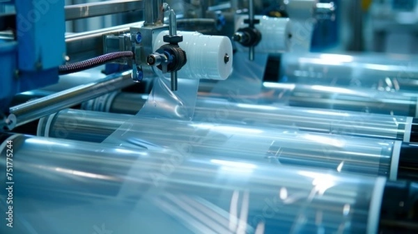 Fototapeta An advanced polyethylene plastic bag production machine, illuminated by dynamic lighting effects