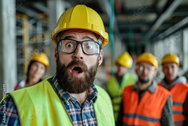Fototapeta Portrait maintenance engineer man with team as a background wearing uniform and safety hard hat are shocked about fail construction site,