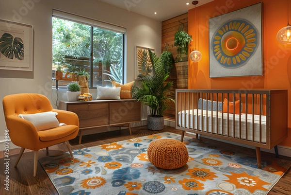 Fototapeta A contemporary nursery with geometric patterns. Interior design.