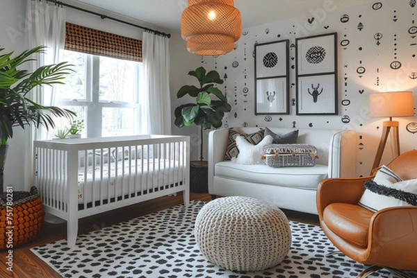 Fototapeta A nursery with stylish geometric patterns and monochrome interior design.
