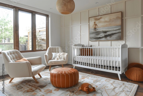 Fototapeta A contemporary nursery with Scandinavian-inspired decor and clean lines interior design.