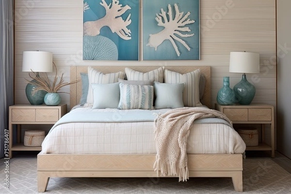 Fototapeta Nautical Wave-Patterned Modern Bedroom with Seashell Accents