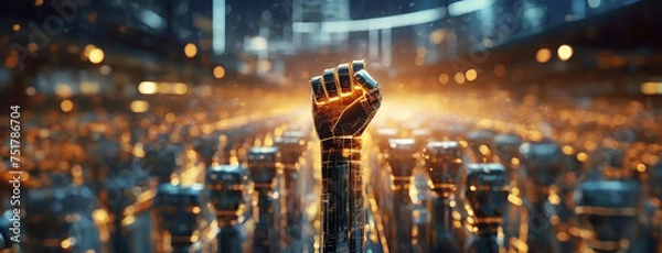 Fototapeta Illuminated robotic fist raised against a backdrop of numerous androids. Symbol of AI revolution. Mechanical hand upraised in a defiant gesture amidst a crowd. Panorama with copy space.