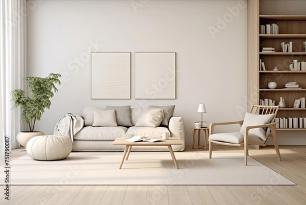 Fototapeta Nordic Design Room: Neutral Color Palettes & Minimalist Furniture Against White Wall Accents