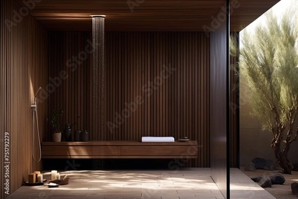 Fototapeta Minimalist Outdoor Shower Paradigm: Open-Air Inspiration with Solid Partitions and Pendant Lighting