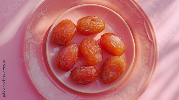 Fototapeta Date fruits in a pink plate with clean background