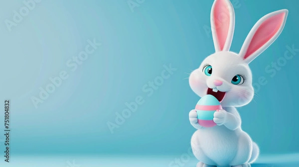 Fototapeta ai generative illustration of a white funny easter bunny holding an egg against blue background with copyspace
