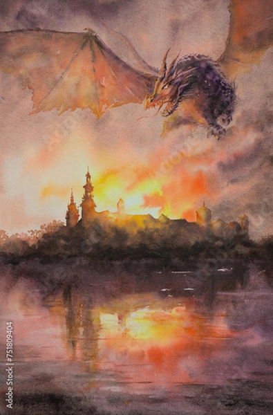 Obraz Fantasy scene with dragon flying over burning castle. Picture created with watercolors.