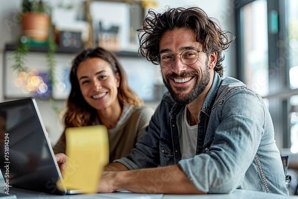 Fototapeta Glückliches Paar beim Online-Shopping und Reisebuchung am Notebook