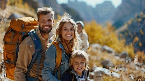 Fototapeta Cheerful family with backpacks enjoying a sunny hiking adventure