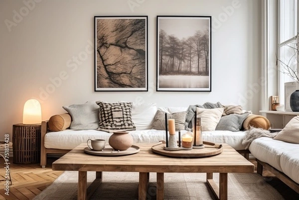 Obraz Voice-Activated Scandinavian Boho Home: Wall Art and Wooden Coffee Tables Light up the Space