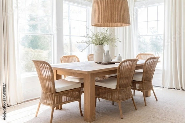 Fototapeta Coastal Dining Room Elegance: Warm Neutral Tones and Rattan Chairs mingling with White Curtains