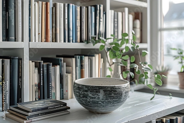 Fototapeta A minimalist black and white bookshelf display. Interior design.