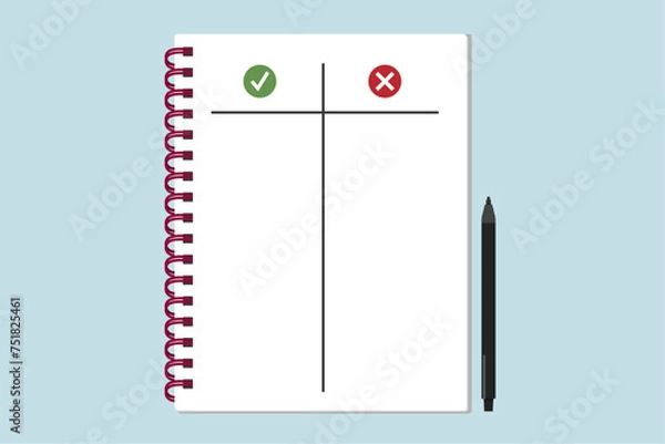 Fototapeta Pros and cons list on spiral notebook. Comparison of good and bad in decision making process. Flat vector graphic illustration. 