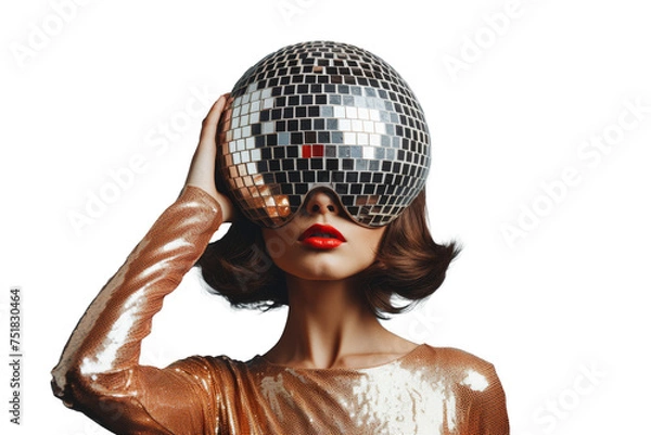 Fototapeta Surreal Portrait of Stylish Woman with Disco Ball Head Covering Her Eyes Against Transparent  Background, Creating a Captivating and Unique Image That Reflects Creativity and Fashion Forward Style.