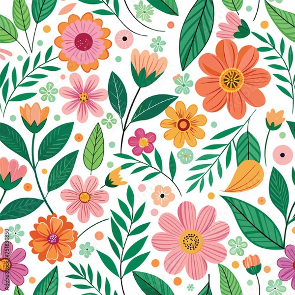 Fototapeta Floral seamless pattern with cute wild  flowers and leaves isolated on a white background