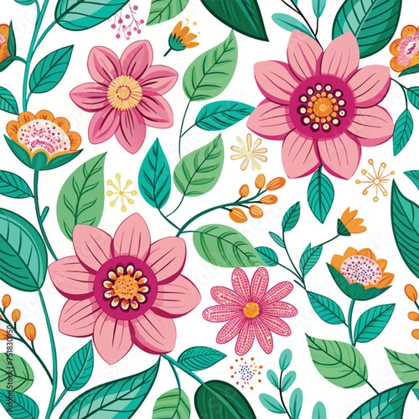 Fototapeta Floral seamless pattern with cute wild  flowers and leaves isolated on a white background