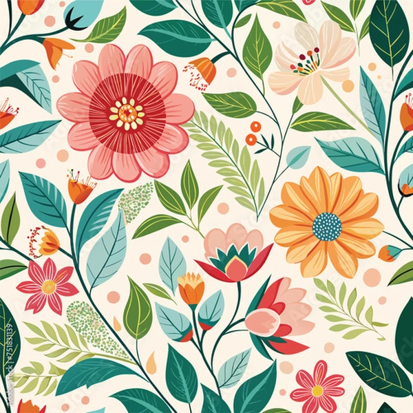 Fototapeta Floral seamless pattern with cute wild  flowers and leaves isolated on a white background