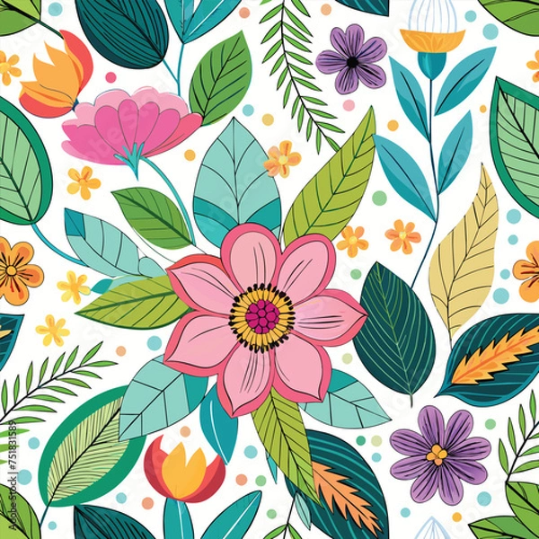 Fototapeta Floral seamless pattern with cute wild  flowers and leaves isolated on a white background
