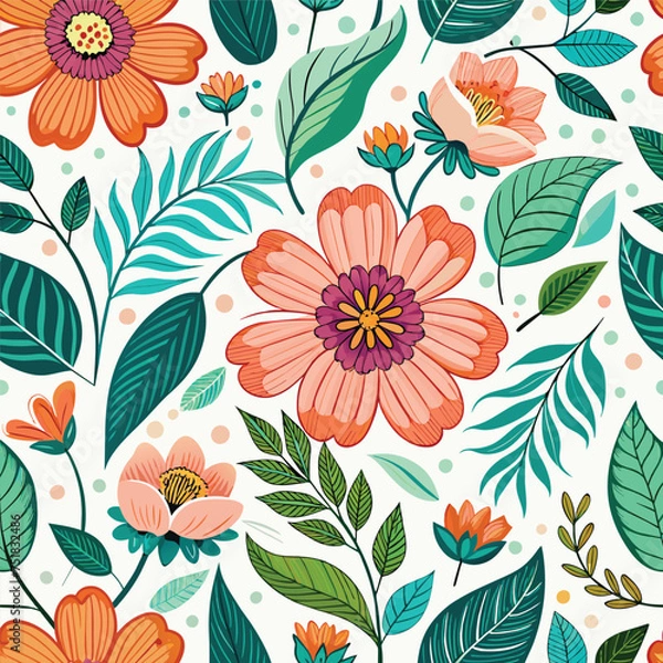 Fototapeta Floral seamless pattern with cute wild  flowers and leaves isolated on a white background